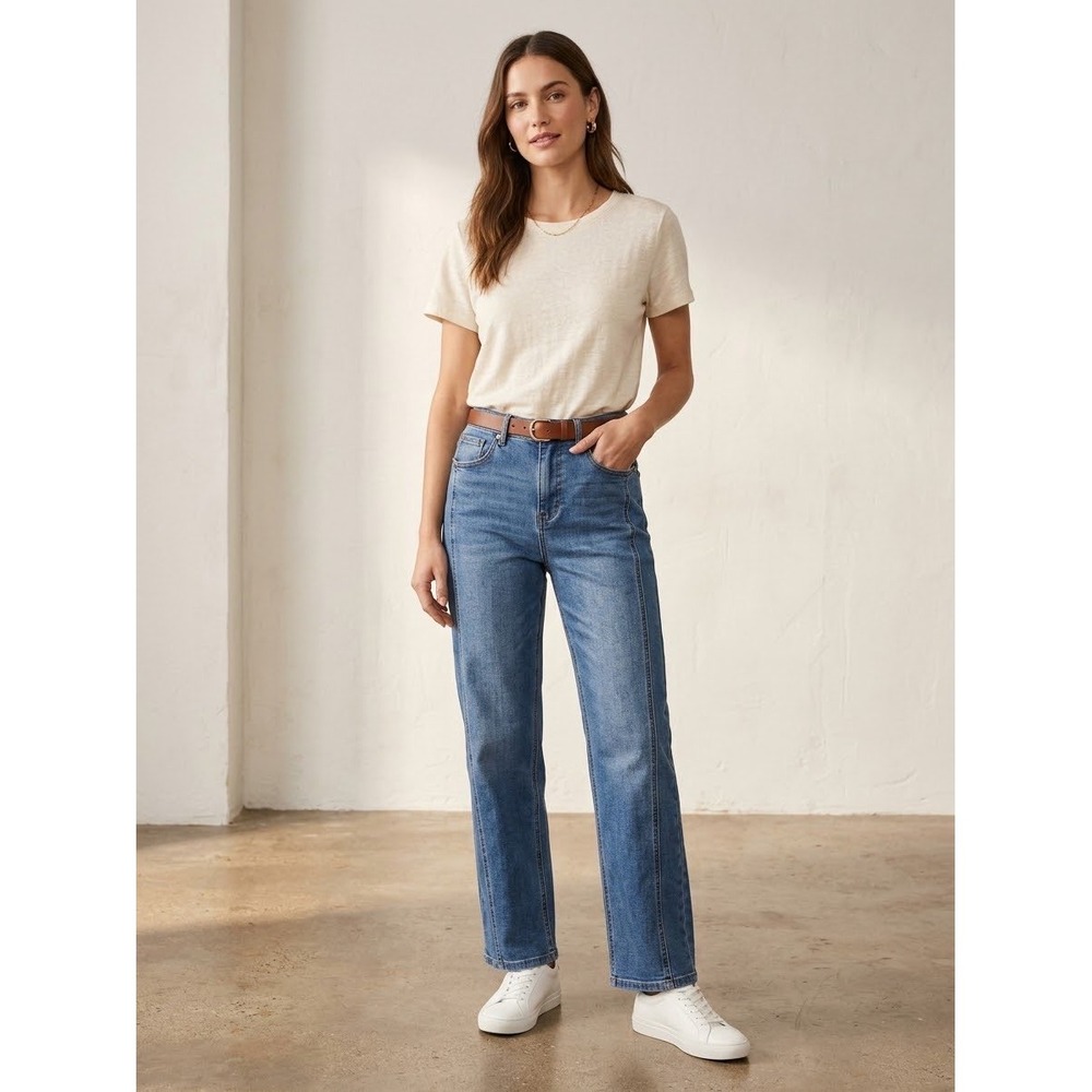 OAT New York High Rise Women's Wide Leg Straight Jean Medium Wash Blue 10/30